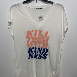 Knit Riot Women's White V-neck Kill Them With Kindness Graphic Tee Small NWT